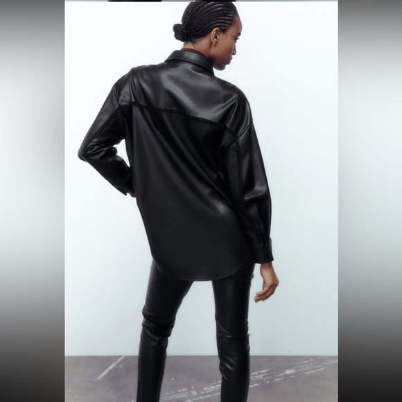 Women Zara Faux Leather Overshirt With Lace Inserts Size XS - Picture 3 of 16